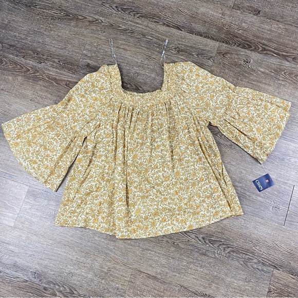 Chaps Tops - CHAPS Blouse Women Medium Beige Off Shoulder Floral Bell Sleeve Cottagecore Top